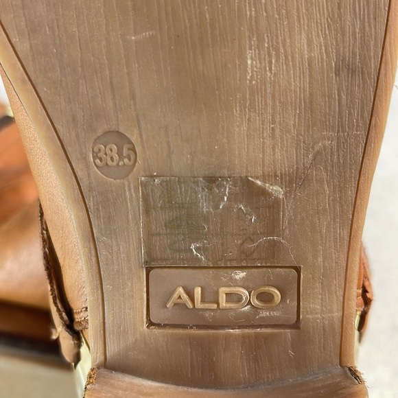Aldo Combat Moto Western Boots Cognac Brown Distressed Leather Brass Heel 38.5EU - Picture 11 of 12